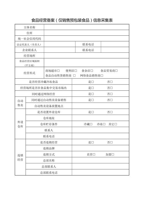 食品经营备案仅销售预包装食品信息采集表